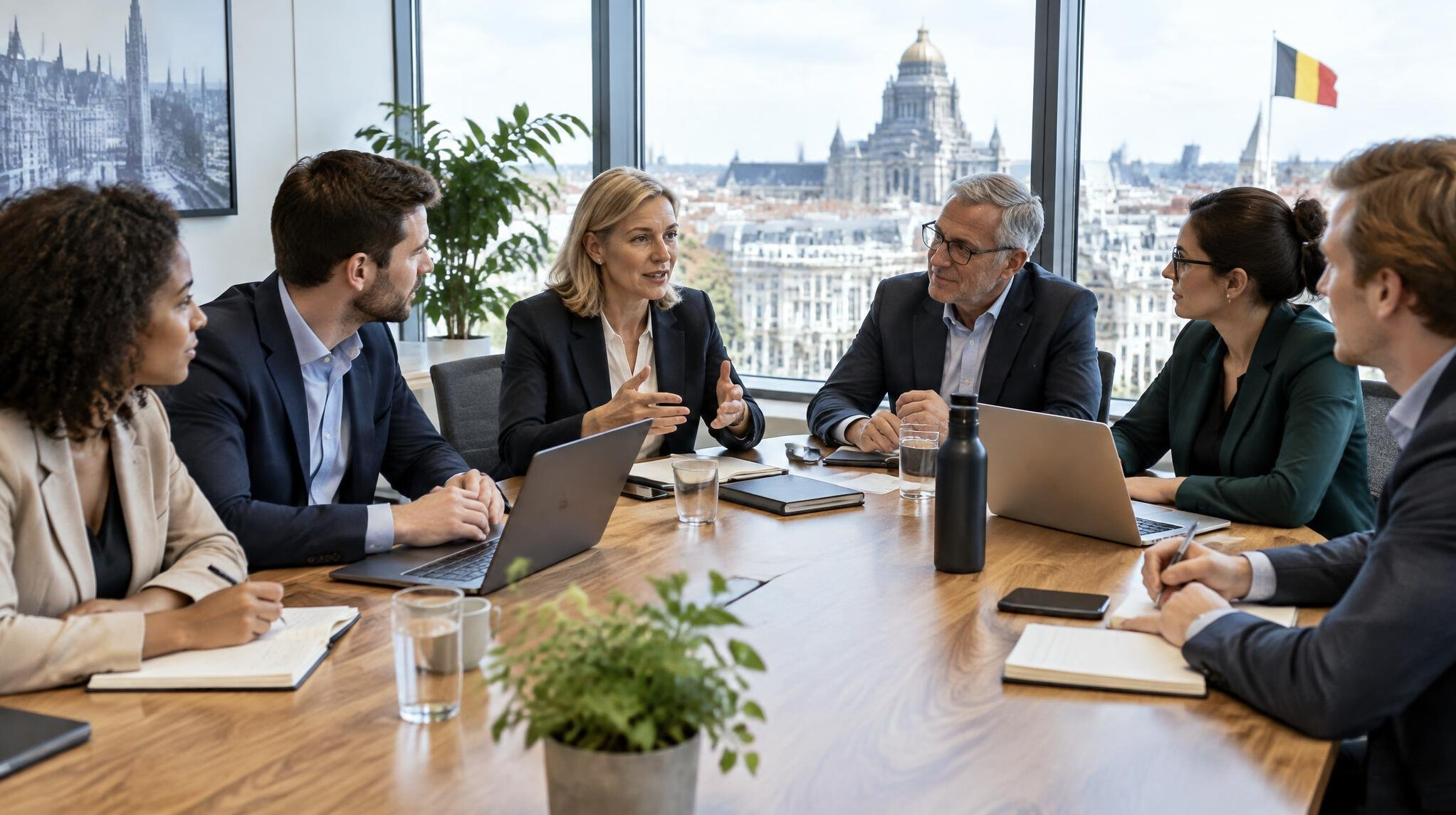 Diverse group of business professionals discussing around a table in a meeting room
